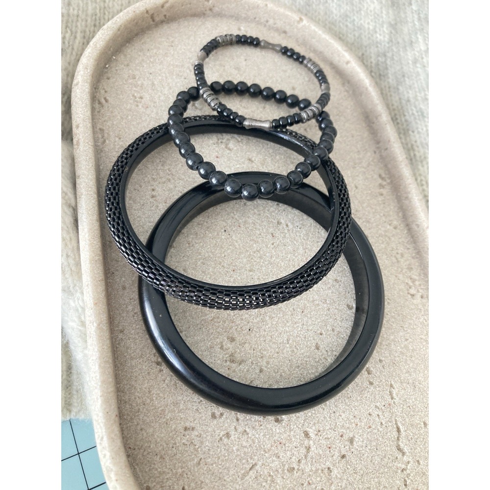 Black Bracelets Set Of 4 Bangles Stretch Beaded Hematite Tone Stack Goth Grunge